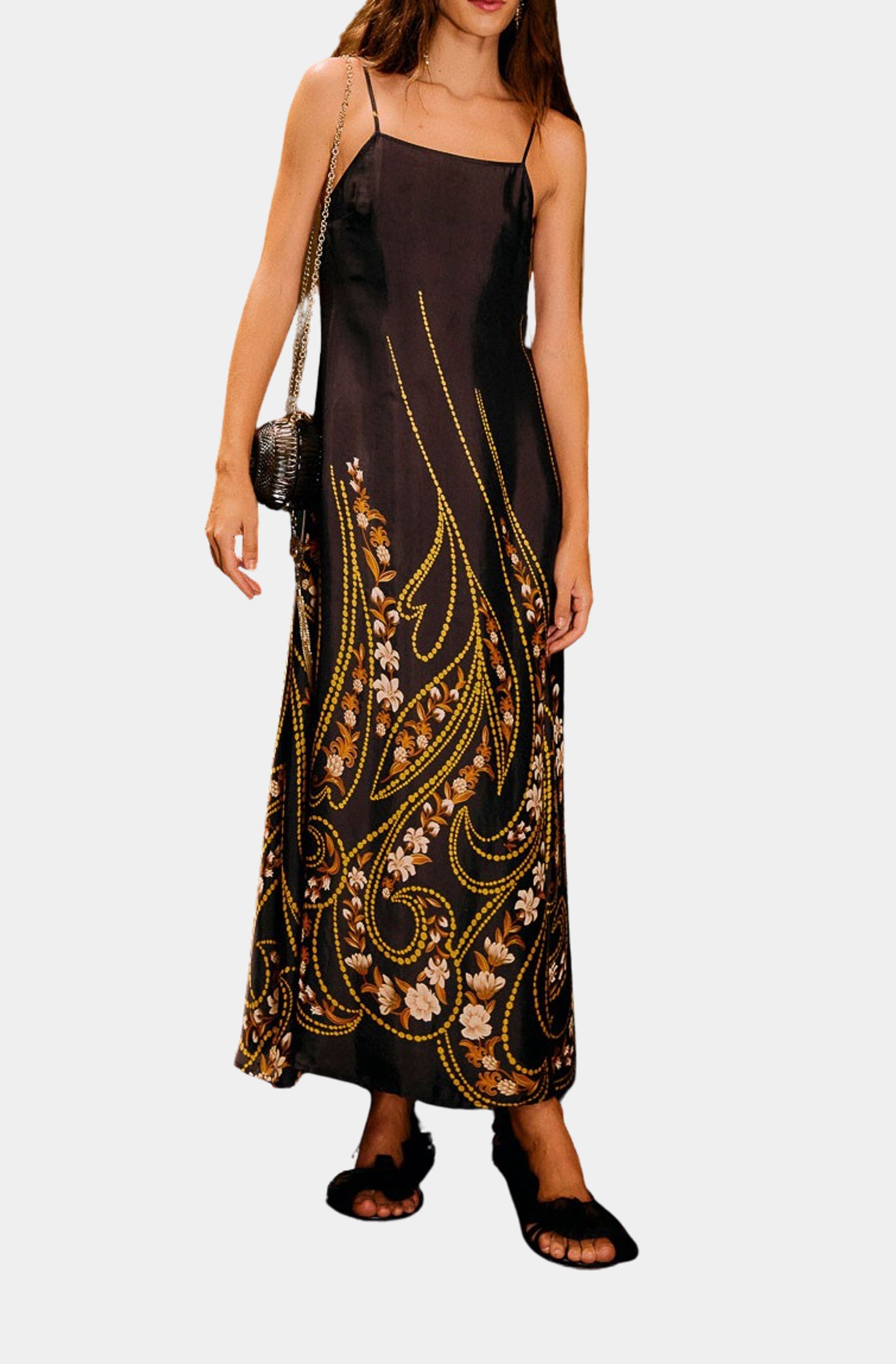 Garden Silhouette Black Slip Midi Dress