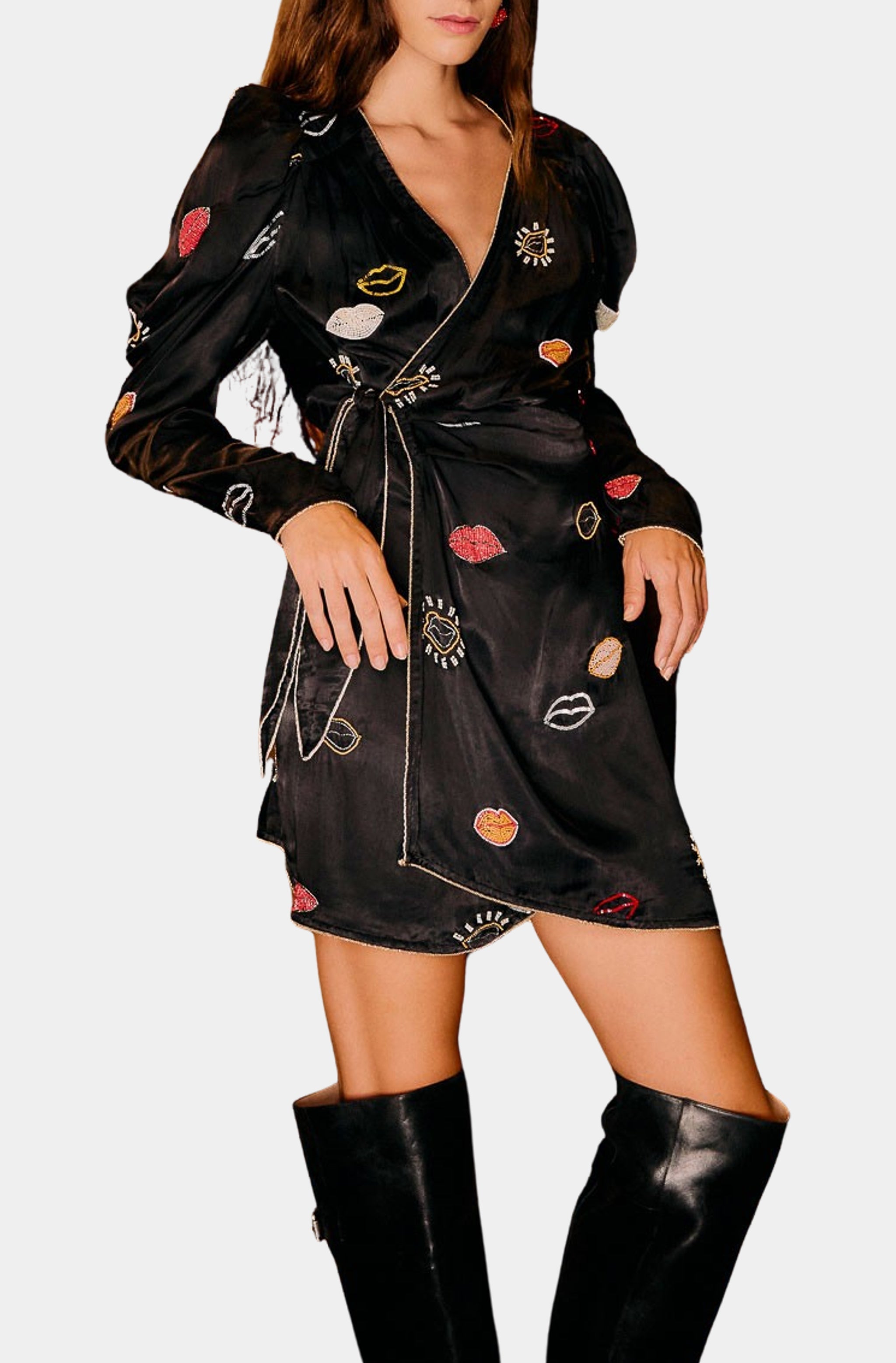 Beaded Kisses Black Wrap Mini Dress