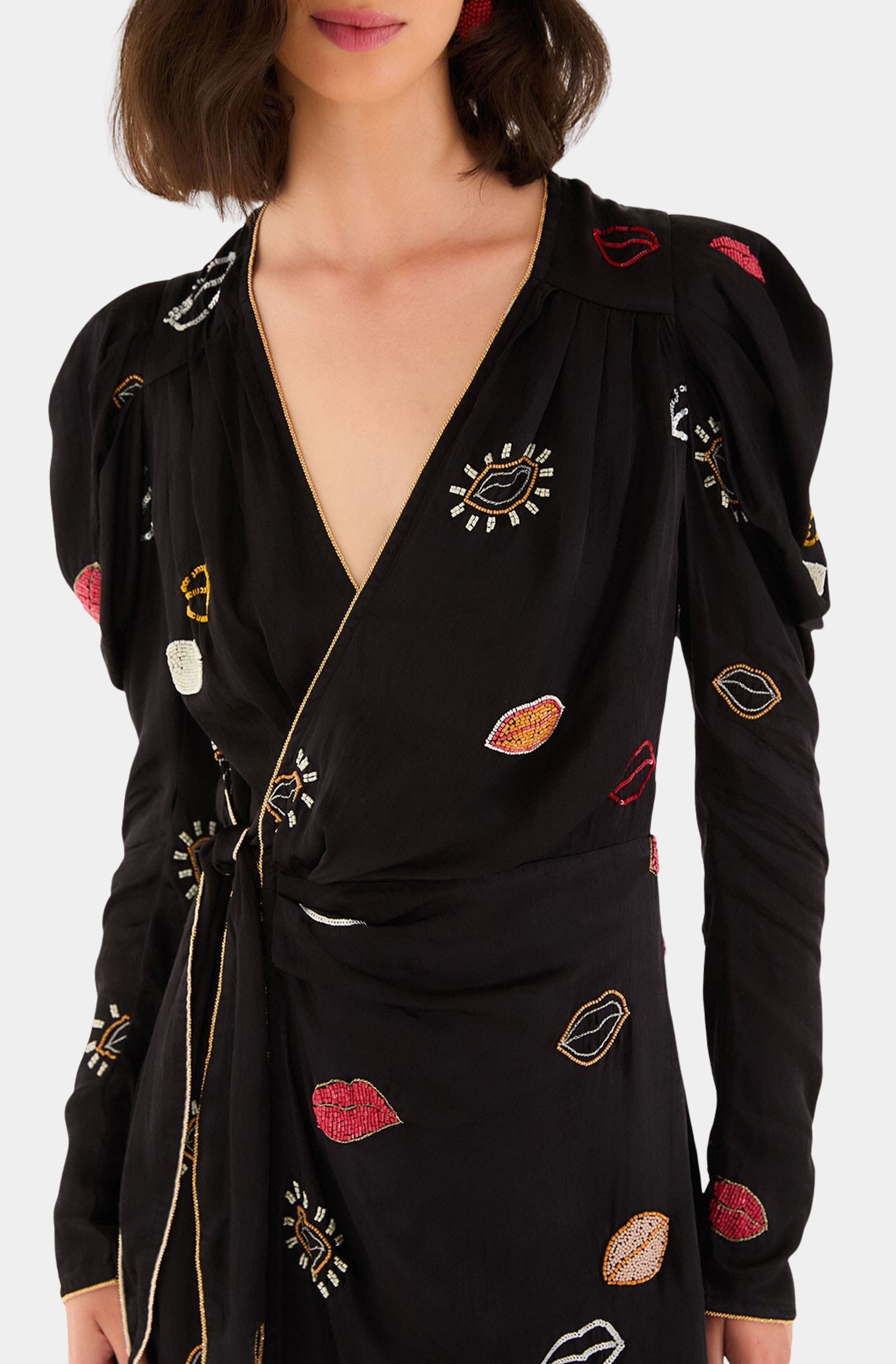 Beaded Kisses Black Wrap Mini Dress