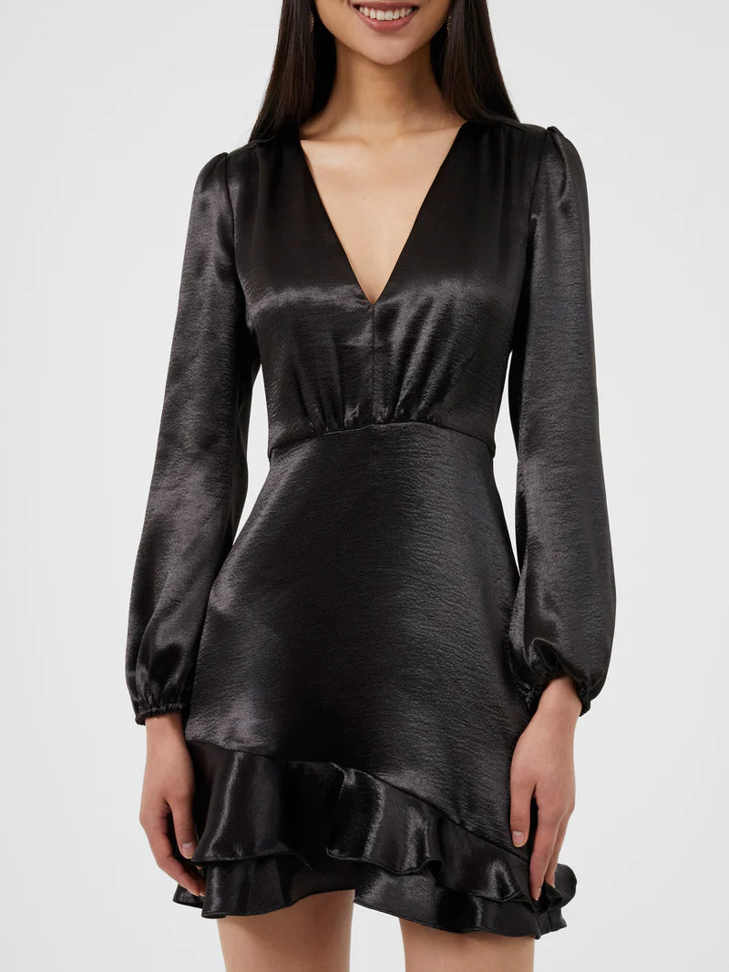 Denney Satin Long Sleeve V-Neck Dress
