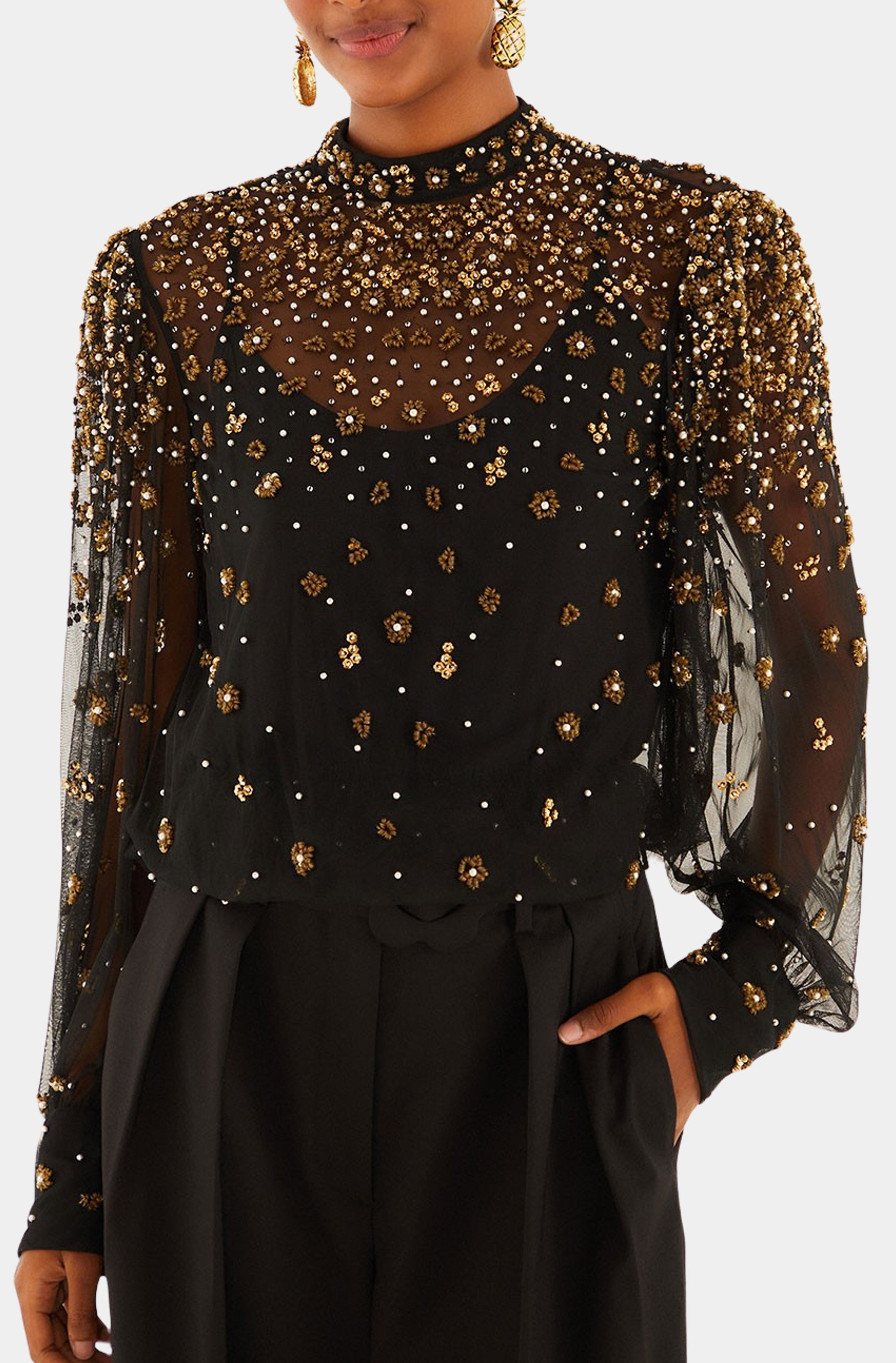 Embroidered Bubble Tulle Black Blouse