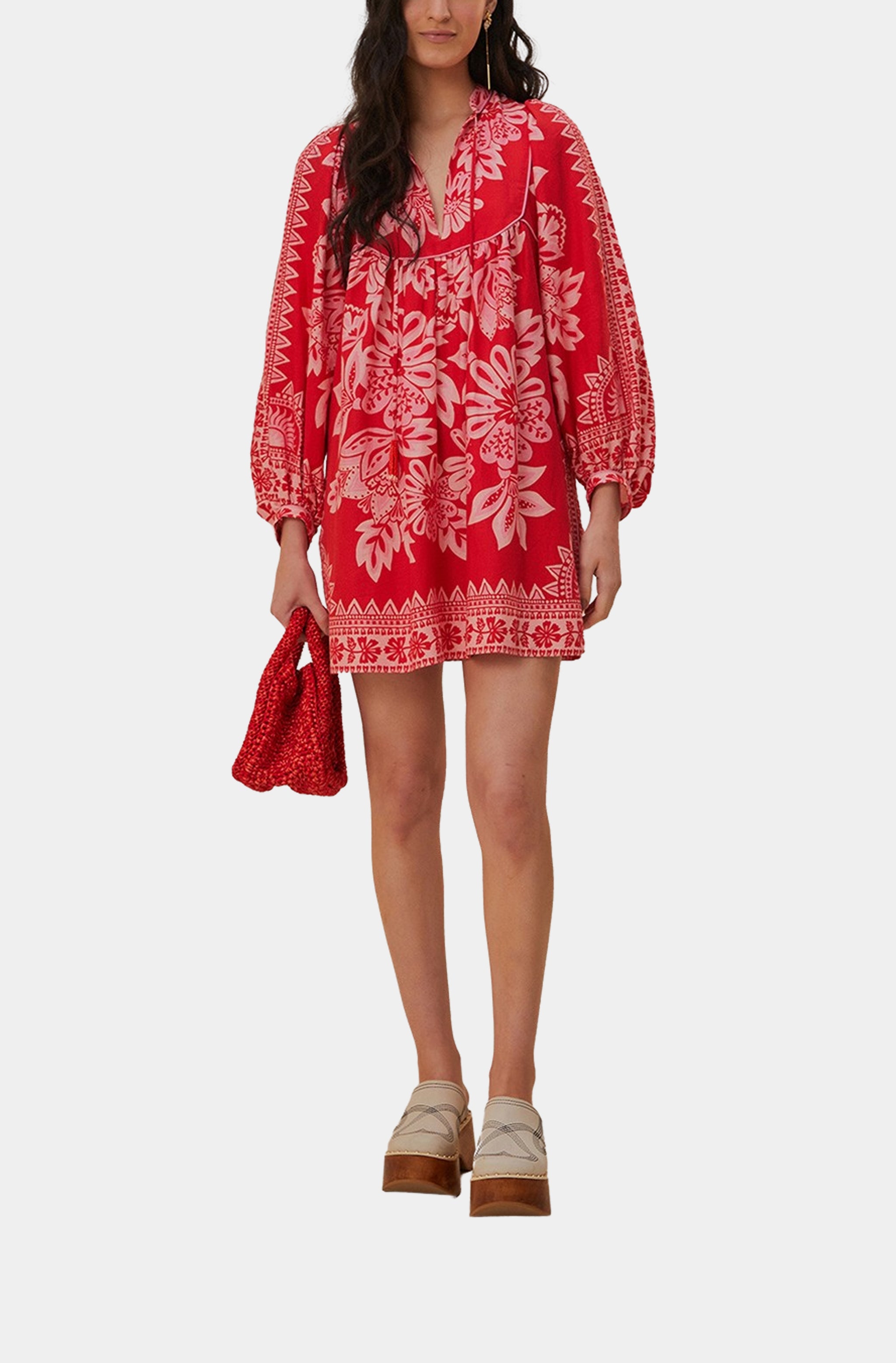 Flora Tapestry Red Long Sleeve Mini Dress