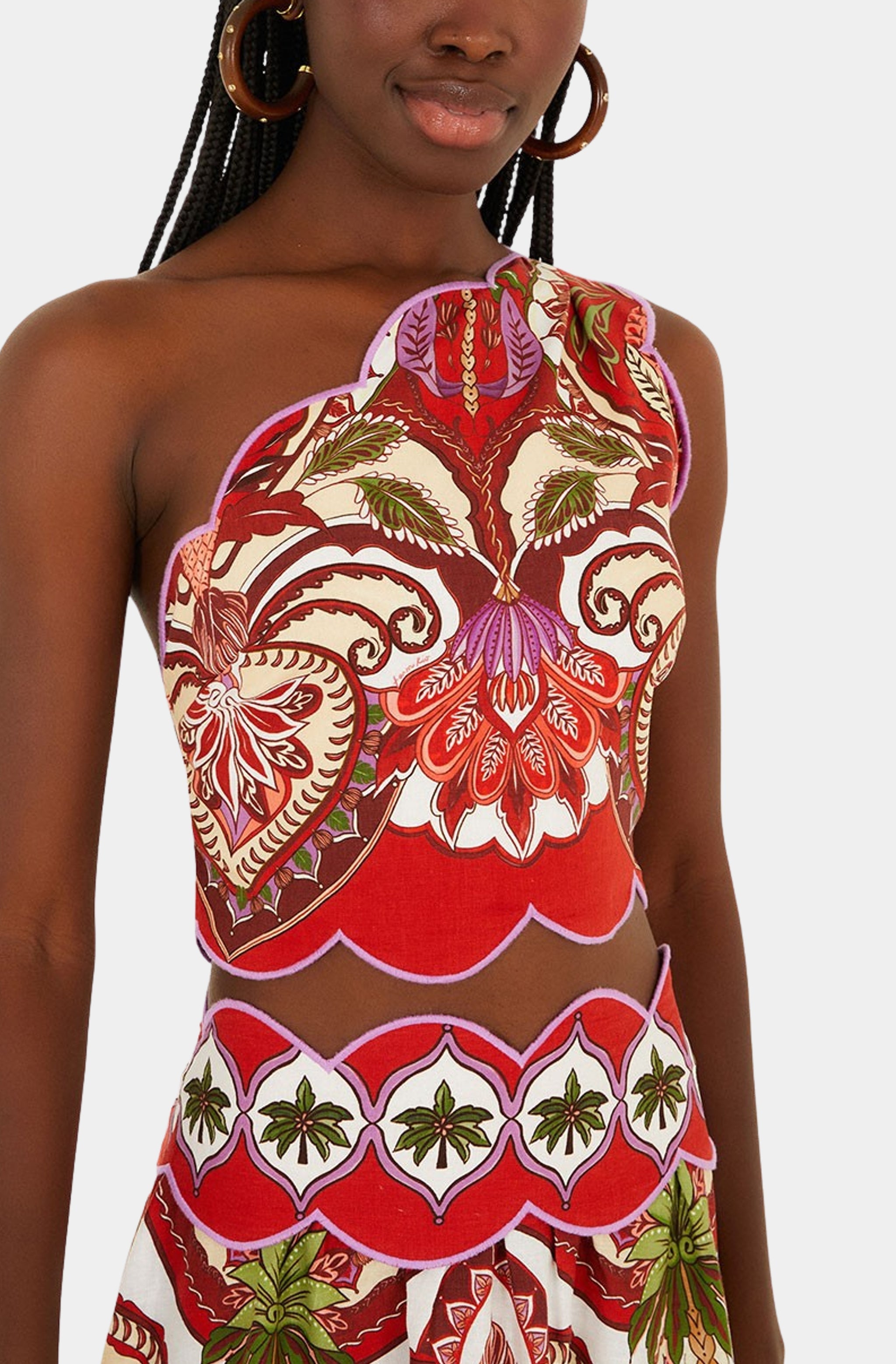 Odara Red One Shoulder Scallops Top