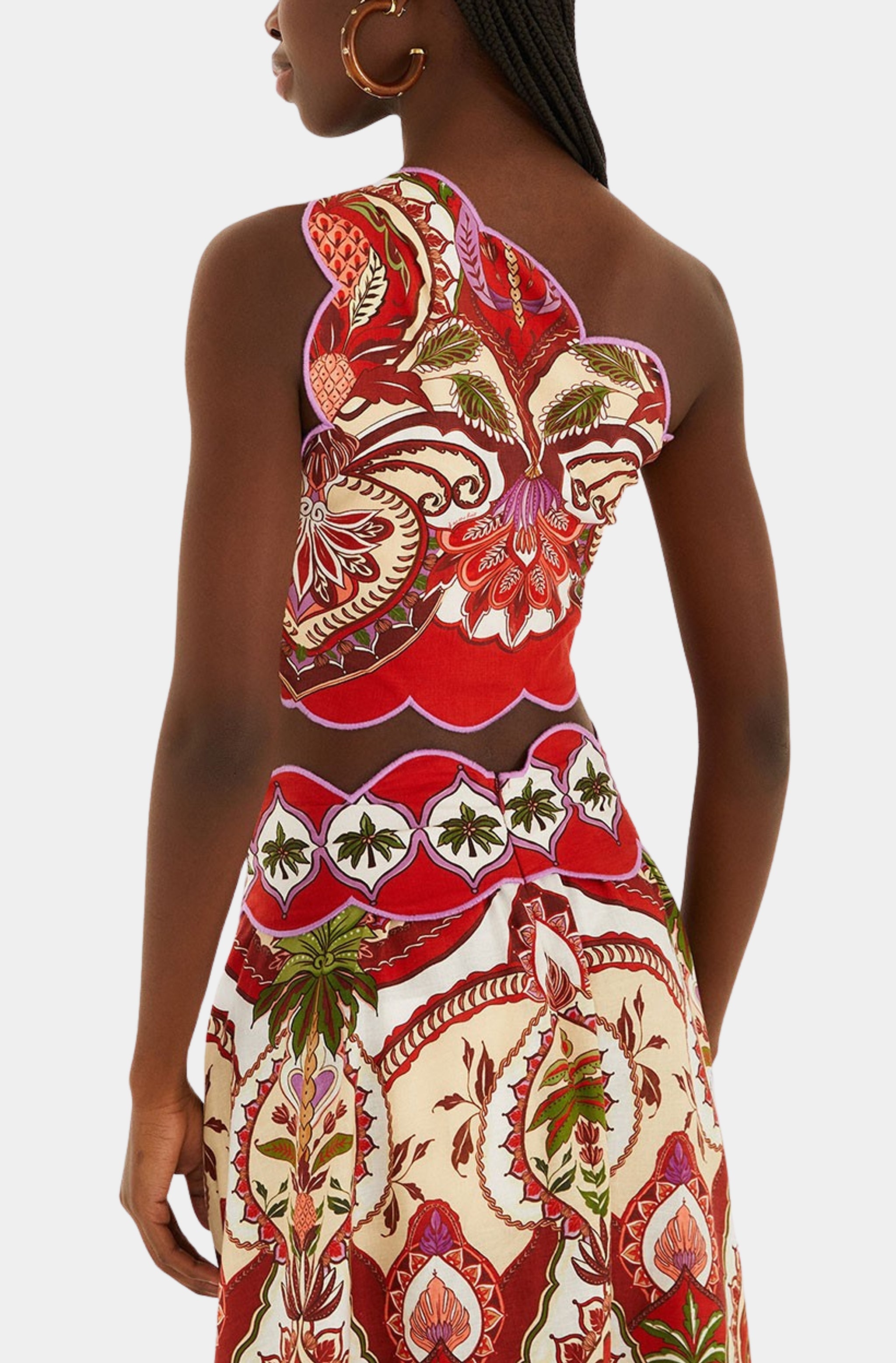 Odara Red One Shoulder Scallops Top