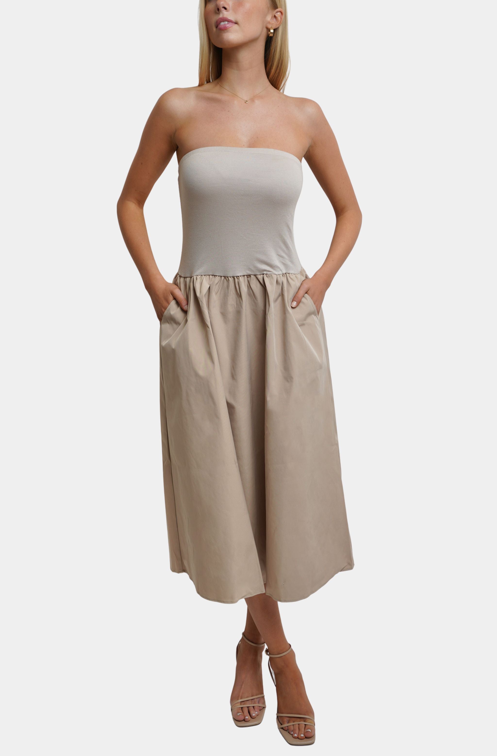 beige tube midi dress STRAPLESS CORSET MIDI DRESS IN BEIGE | CULT MIA