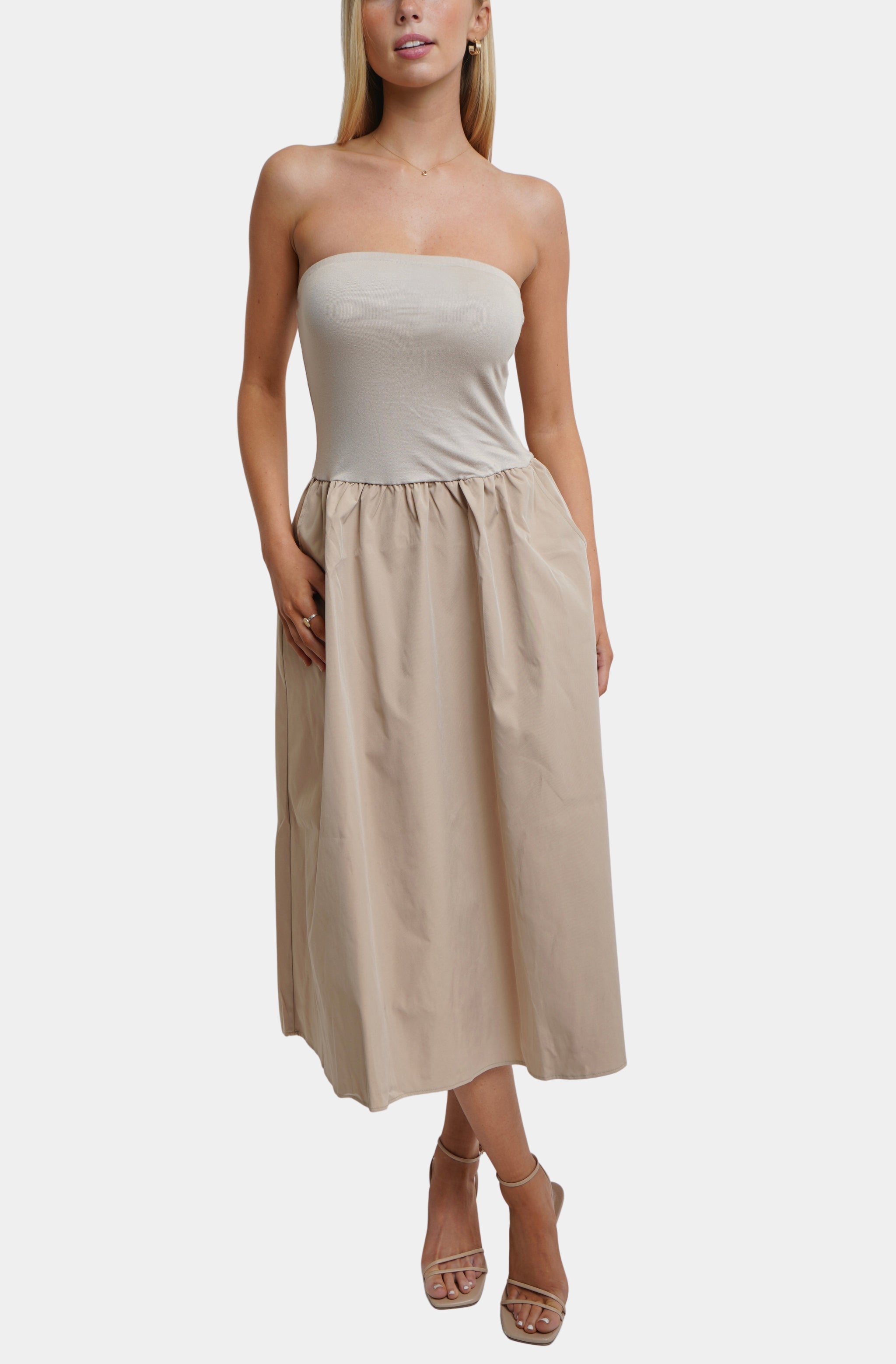 beige tube midi dress Striped Tube Dress